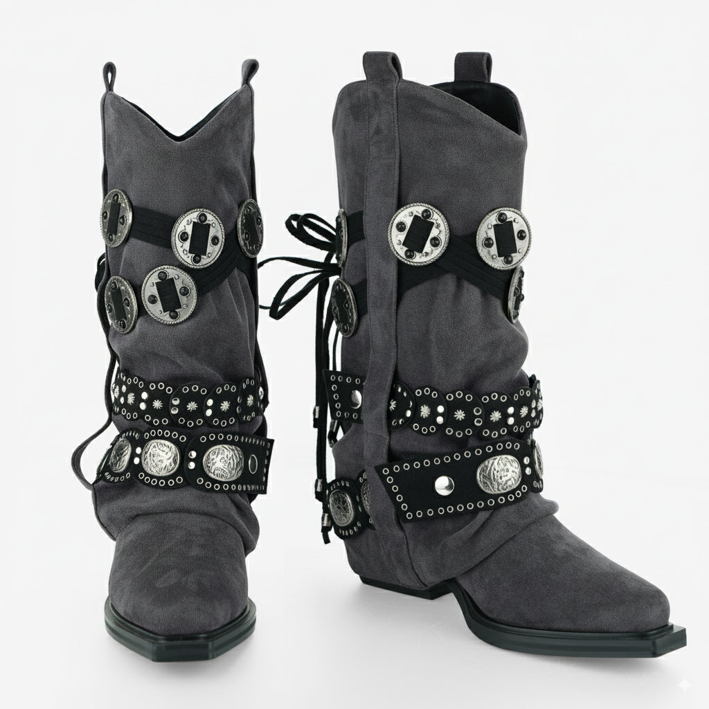 Tuhoomall Western Cowboy Boots for Women, Mid-Calf Pointed Toe, Chunky Heel Slip-On, Stylish Faux Suede with Hardware Accents, Ideal for All Seasons