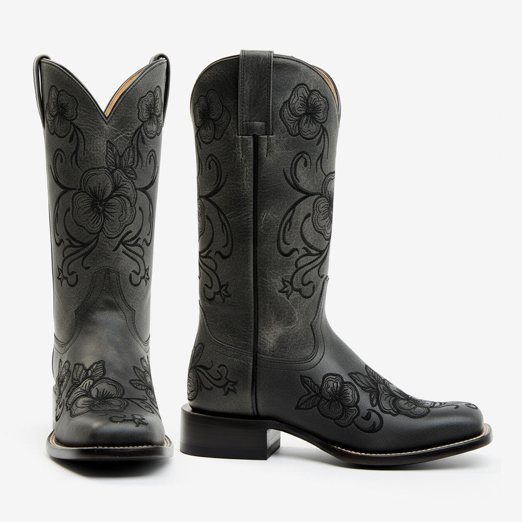 Tuhoomall Western Style Vintage Embroidered Cowboy Boots for Women, Casual Ankle Length, Chunky Heel, Slip-On Design, Perfect for Spring, Autumn, and Winter