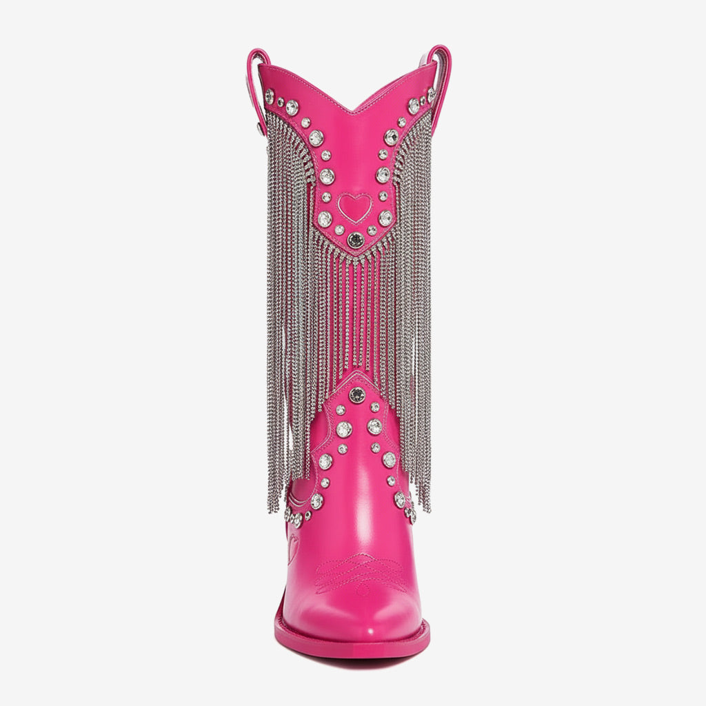 Tuhoomall Chunky Heel Western Rhinestone Booties with Fringes for Fashion Events, Pointed Toe, Slip-On Style, All-Day Comfort, Eye-Catching Design