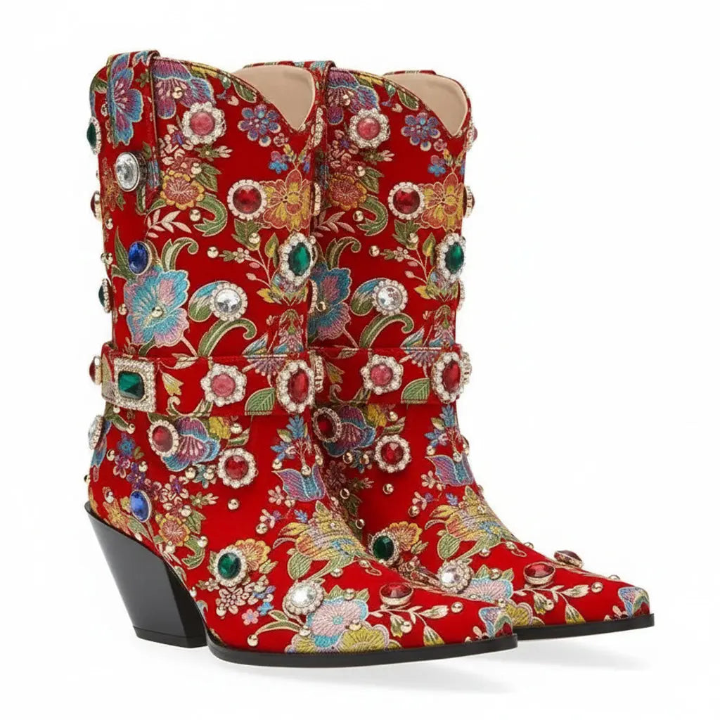 Tuhoomall Western Floral Embroidered Rhinestone Mid Calf Boots for Women, Chunky Heel, Water-Resistant Satin, Stylish for Spring Autumn Winter Tuhoomall