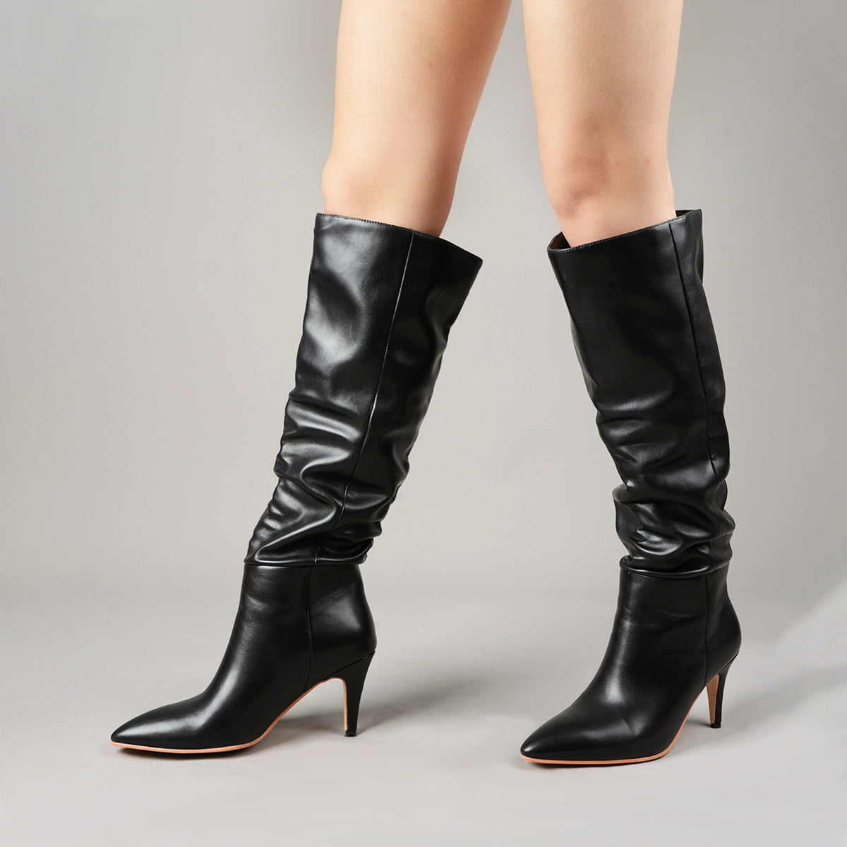 Tuhoomall Khaki Ruched Pointed-Toe Knee-High Boots for Women, Casual Slip-On Style with Sturdy Chunky Heel