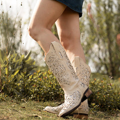Tuhoomall Western Style Embroidered Mid-Calf Boots For Fashion, Travel, Outdoor - Chunky Heel, Faux Suede, Slip-On, Rhinestones, 3cm Heel Height