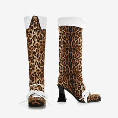 Tuhoomall Knee-High Cowboy Boots for Parties, Animal Print, Chunky Heel, Cross-Strap Design, All-Season Fashion Footwear