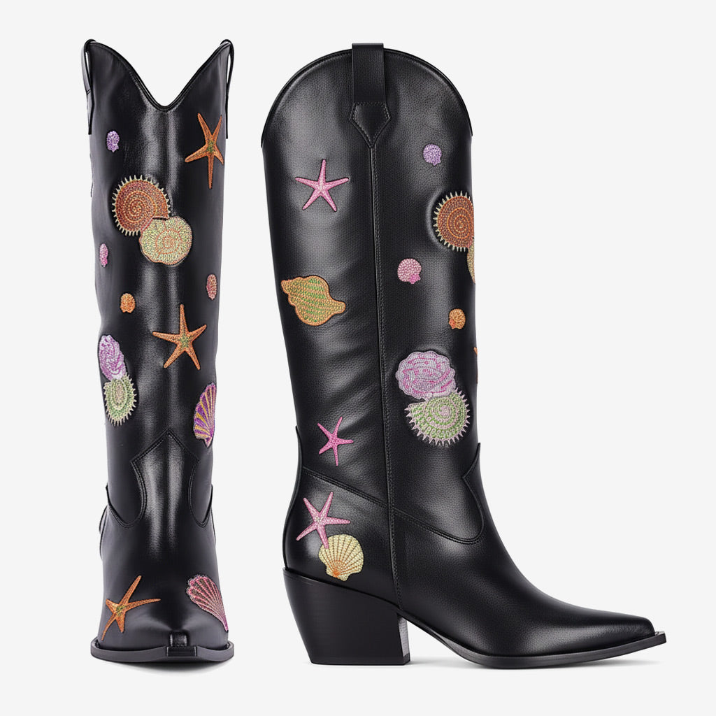 Tuhoomall Western Style Knee High Boots for Parties and Performances with Comfort and Embroidered Animal Patterns