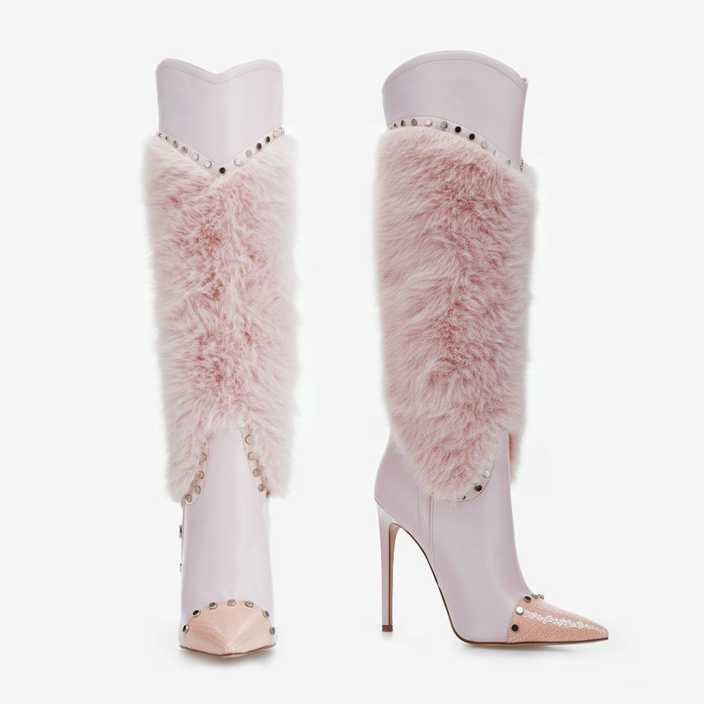 Tuhoomall Heel Fashion Boots for Women, Elegant Pointed Toe High Heels with Studs and Faux Fur, Ideal for Parties and Performances