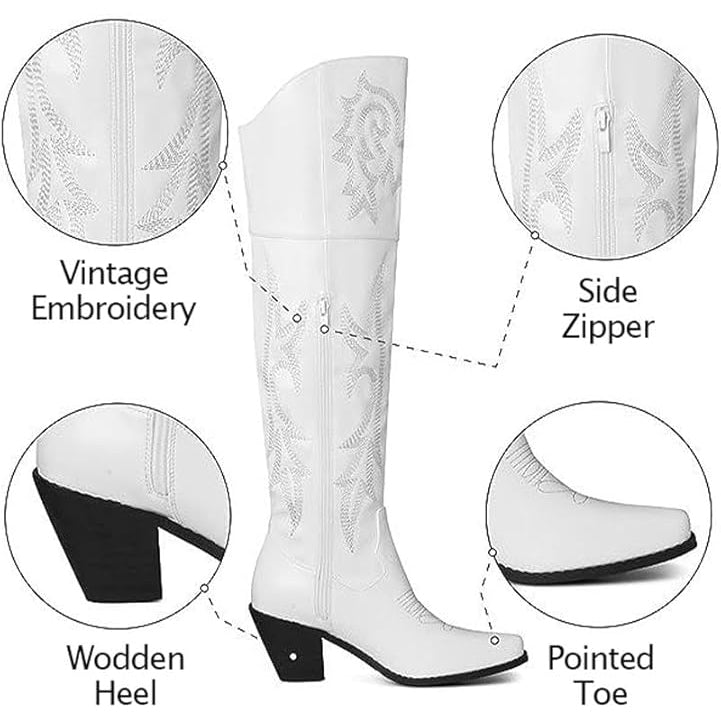 Tuhoomall Western Over-the-Knee Boots for Women, Chunky Heel, Snip-Toe, Embroidered, Slip-On, Distressed Style for Parties and Casual Outings