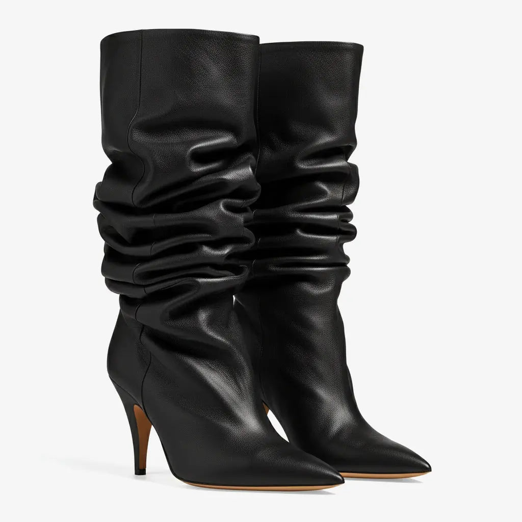 Tuhoomall Khaki Ruched Pointed-Toe Knee-High Boots for Women, Casual Slip-On Style with Sturdy Chunky Heel Tuhoomall