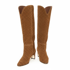 Tuhoomall Knee High Fashion Boots for Women, Stylish Woven Pattern, Comfortable Mid Heels, Pointed Toe Design for Work and Parties