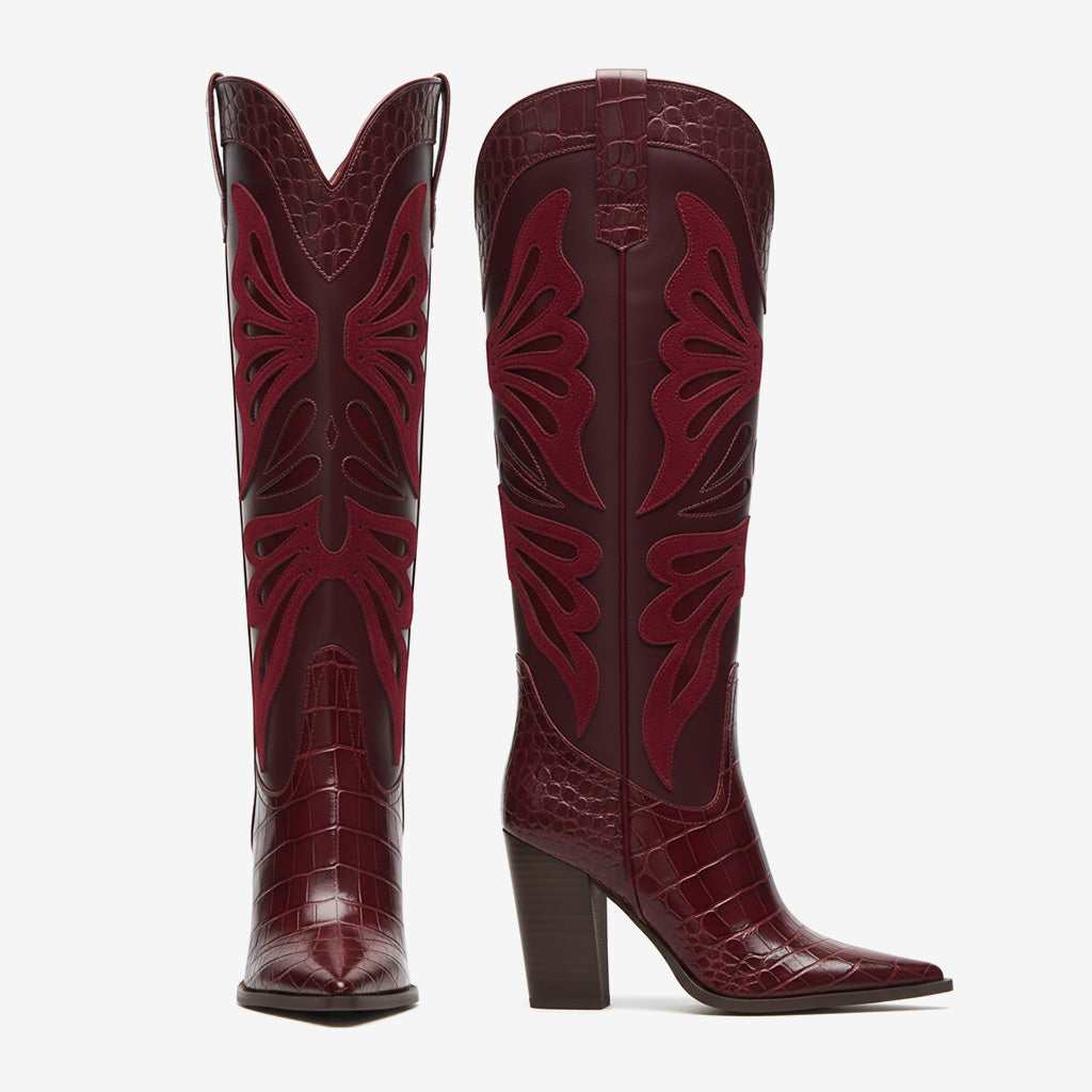 Tuhoomall Fashion Casual Knee-High Boots with Embroidery, Lizard Pattern Chunky Heel for Travel, Work, Party and Evening Wear