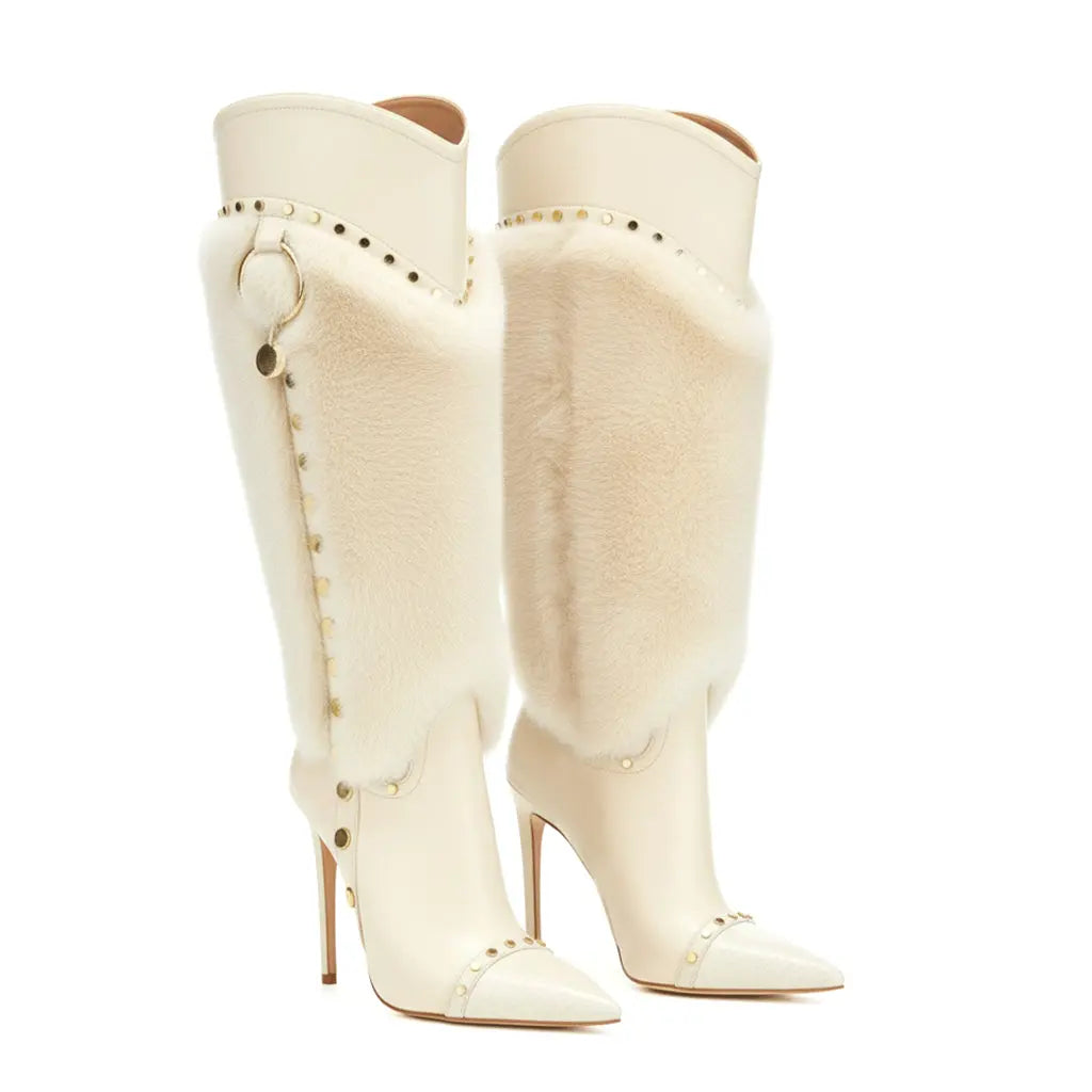 Tuhoomall Heel Fashion Boots for Women, Elegant Pointed Toe High Heels with Studs and Faux Fur, Ideal for Parties and Performances Tuhoomall