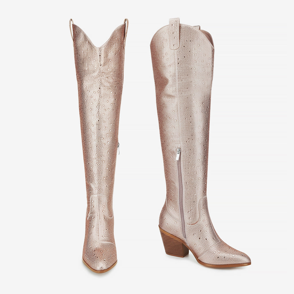 Tuhoomall Western Over-Knee Cowboy Boots With Chunky Heel, Rhinestone-Studded Vegan Leather, Casual All-Season Style, Round Toe, Zipper Closure