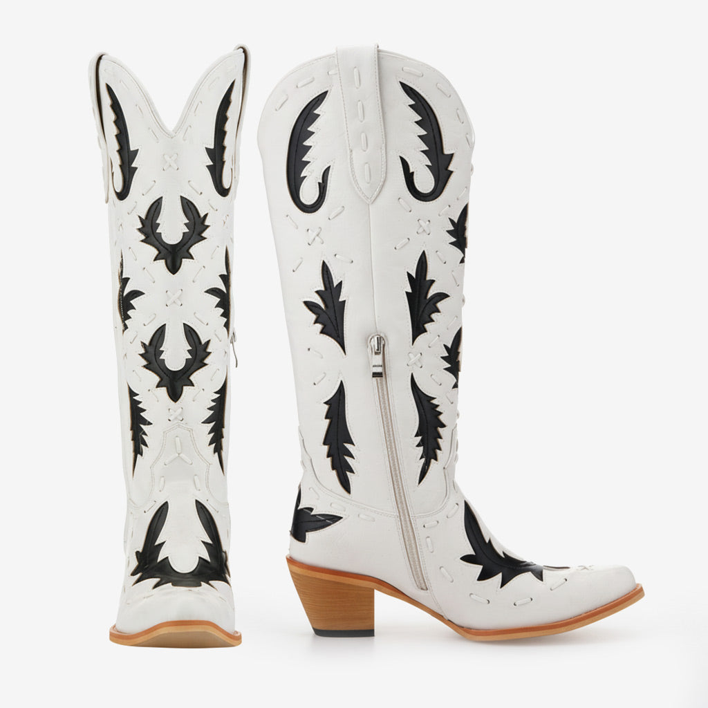 Tuhoomall Western Knee-High Cowboy Boots With Chunky Heel, Stylish Suede , Chic Patchwork Design For Comfort In Casual Outfits