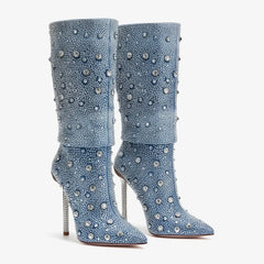 Tuhoomall Denim Blue Stiletto Boots, Chic Pointed Toe, Rhinestone Embellished, Scrunch Design for Parties and Casual Outings, 4.5-Inch Comfortable Heel Tuhoomall