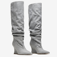 Tuhoomall Knee High Comfortable Wedge Booties With Pointed Toe For Parties, Performances, Fashion Events, Featuring Ruffled Design And Rubber Sole