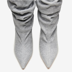 Tuhoomall Knee High Comfortable Wedge Booties With Pointed Toe For Parties, Performances, Fashion Events, Featuring Ruffled Design And Rubber Sole