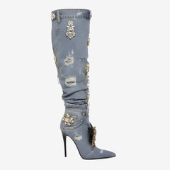 Tuhoomall Knee-High Stiletto Boots With Ruched Design, Pointed Toe, Jewel Embellishments, Stylish Slip-On, Perfect For Parties And Performances
