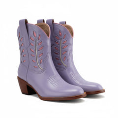 Tuhoomall Pointed Toe Chunky Heel Ankle Booties with Embroidered Inlay for Casual Fashion