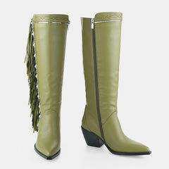 Tuhoomall Western Cowboy Knee-High Boots for Women, Comfortable Suede with Fringe & Metallic Accents, Stylish Block Heel for Outdoor Fashion