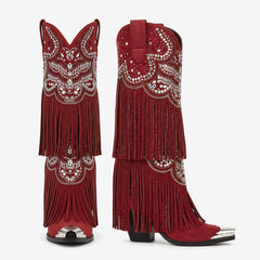 Tuhoomall Western Knee High Boots for Parties, Performances, Fashionable Comfort with Floral Embellishments and Sparkling Details