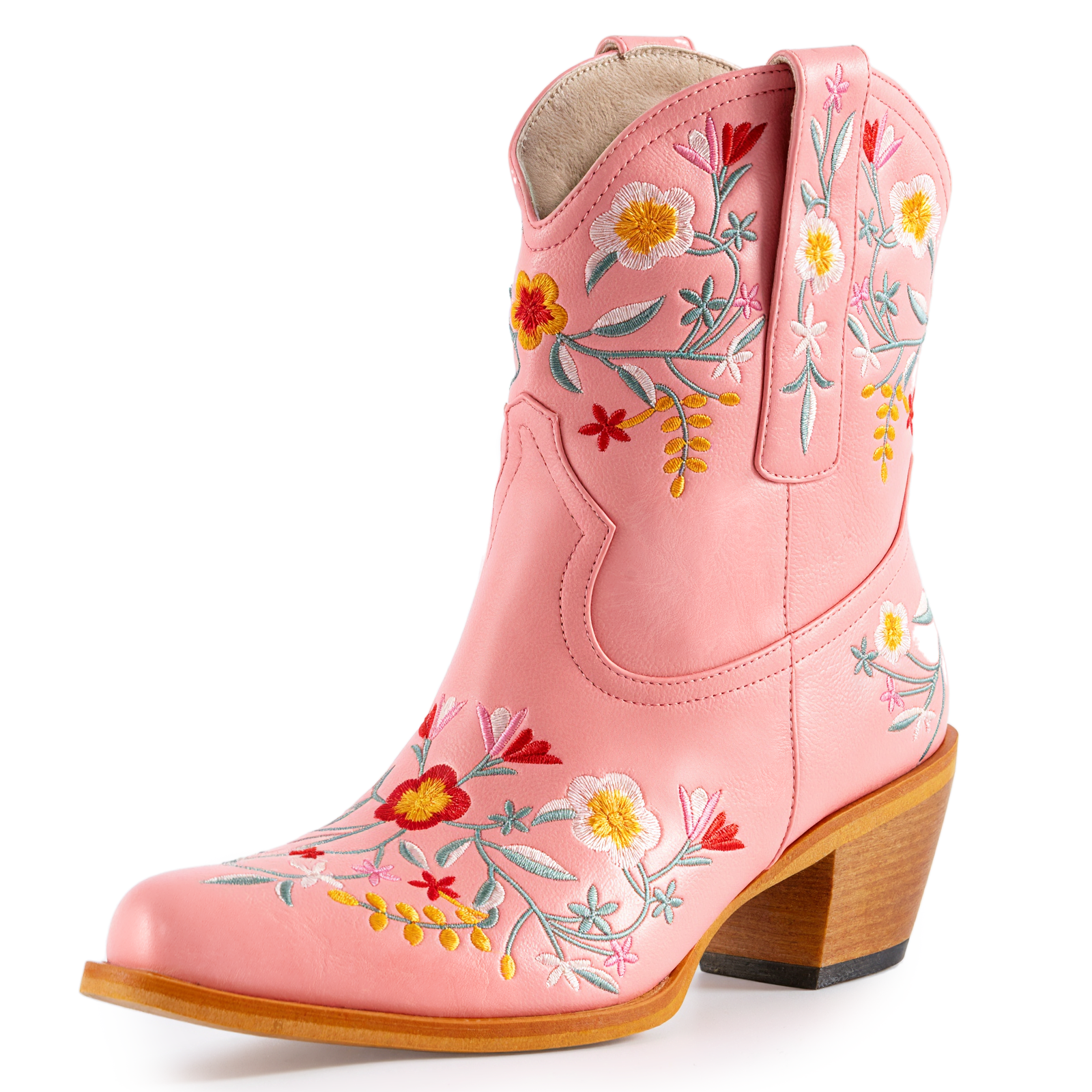 Tuhoomall Stylish Western Ankle Boots with Floral Embroidery, Rubber Sole, Chunky 5cm Heel for Classic and Casual Looks