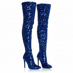 Tuhoomall Sapphire Blue Over-The-Knee Stiletto Boots, Pointy Toe, Sequin Embellishments for Fashion Shows and Parties