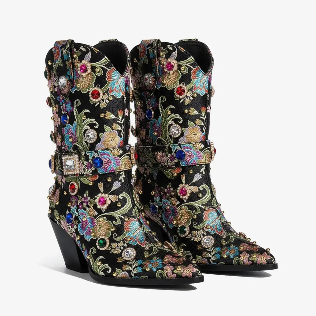 Tuhoomall Western Floral Embroidered Rhinestone Mid Calf Boots for Women, Chunky Heel, Water-Resistant Satin, Stylish for Spring Autumn Winter Tuhoomall