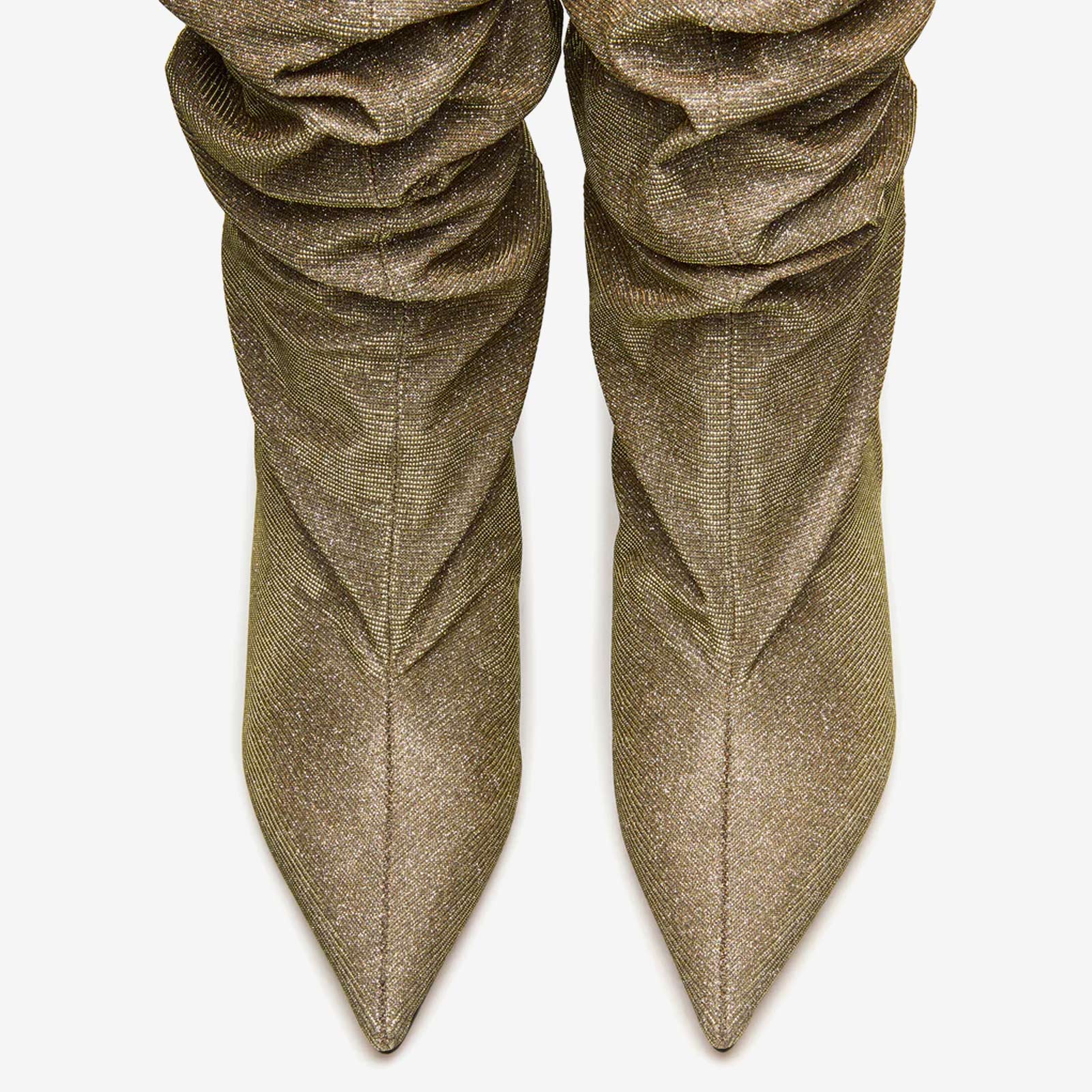 Tuhoomall Knee High Comfortable Wedge Booties With Pointed Toe For Parties, Performances, Fashion Events, Featuring Ruffled Design And Rubber Sole