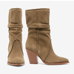 Tuhoomall Western Cowboy Ankle Boots for Women, Stylish Casual Short Boots, Wrinkled Design, Slip-On, Chunky Heel, All-Season Wear