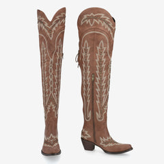 Tuhoomall Western Cowgirl Knee-High Boots with Embroidery & Studs, Chunky Heel, Zipper Closure, Casual Style, Snip Toe Design, Pre-Sale