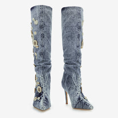 Tuhoomall Knee High Boots, Comfortable Ruched Design with Buttons, Fashionable Vintage Look for Casual Outings, 9.5 cm High Heel