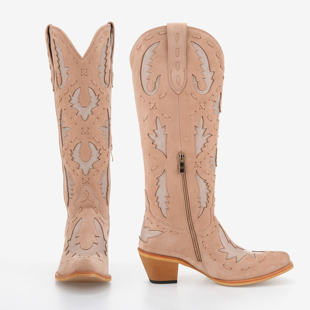 Tuhoomall Western Knee-High Cowboy Boots With Chunky Heel, Stylish Suede , Chic Patchwork Design For Comfort In Casual Outfits