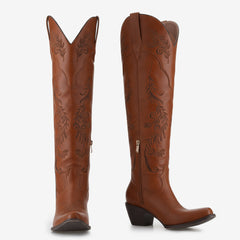 Tuhoomall Western Knee-High Boots with Zipper Closure, Chunky Heel, Embroidered Floral Design, Durable Rubber Sole for Fashion Parties and Travel