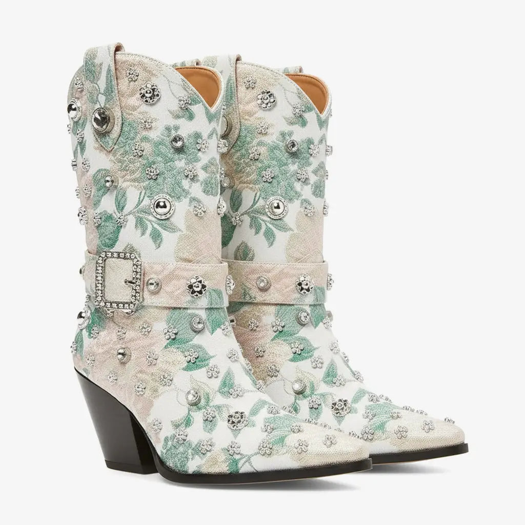 Tuhoomall Western Floral Embroidered Rhinestone Mid Calf Boots for Women, Chunky Heel, Water-Resistant Satin, Stylish for Spring Autumn Winter Tuhoomall