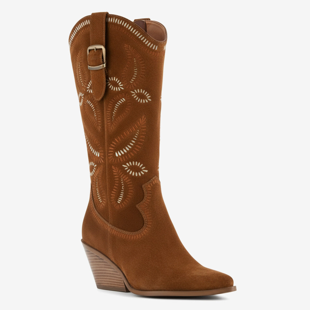 Tuhoomall Western Style Floral Embroidered Mid-Calf Boots for Women | Casual Outdoor Fashion with Sturdy Rubber Sole