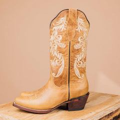 Tuhoomall Western Style Embroidered Mid-Calf Boots for All Seasons, Slip-On Low Chunky Heels with PU Material and Sniper Toe Design
