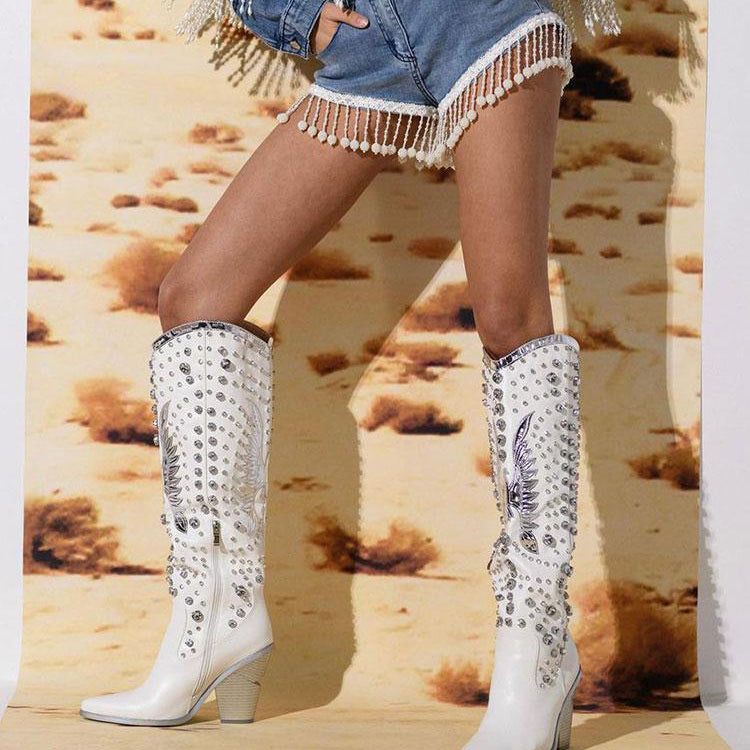 Tuhoomall Pointed-Toe Mid Calf Boots With Rhinestones For Fashion Parties | Chunky Heel, PU Upper, All-Season Style