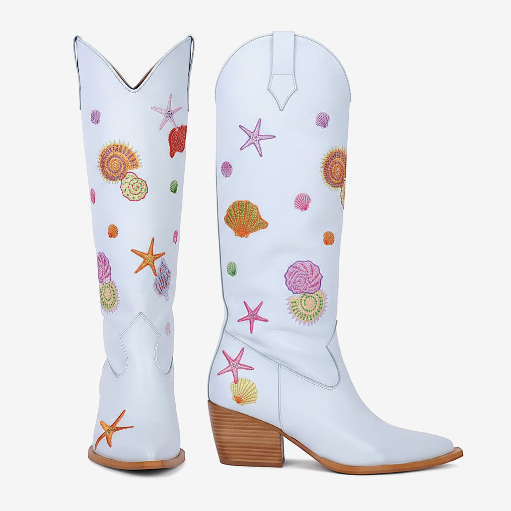 Tuhoomall Western Style Knee High Boots for Parties and Performances with Comfort and Embroidered Animal Patterns