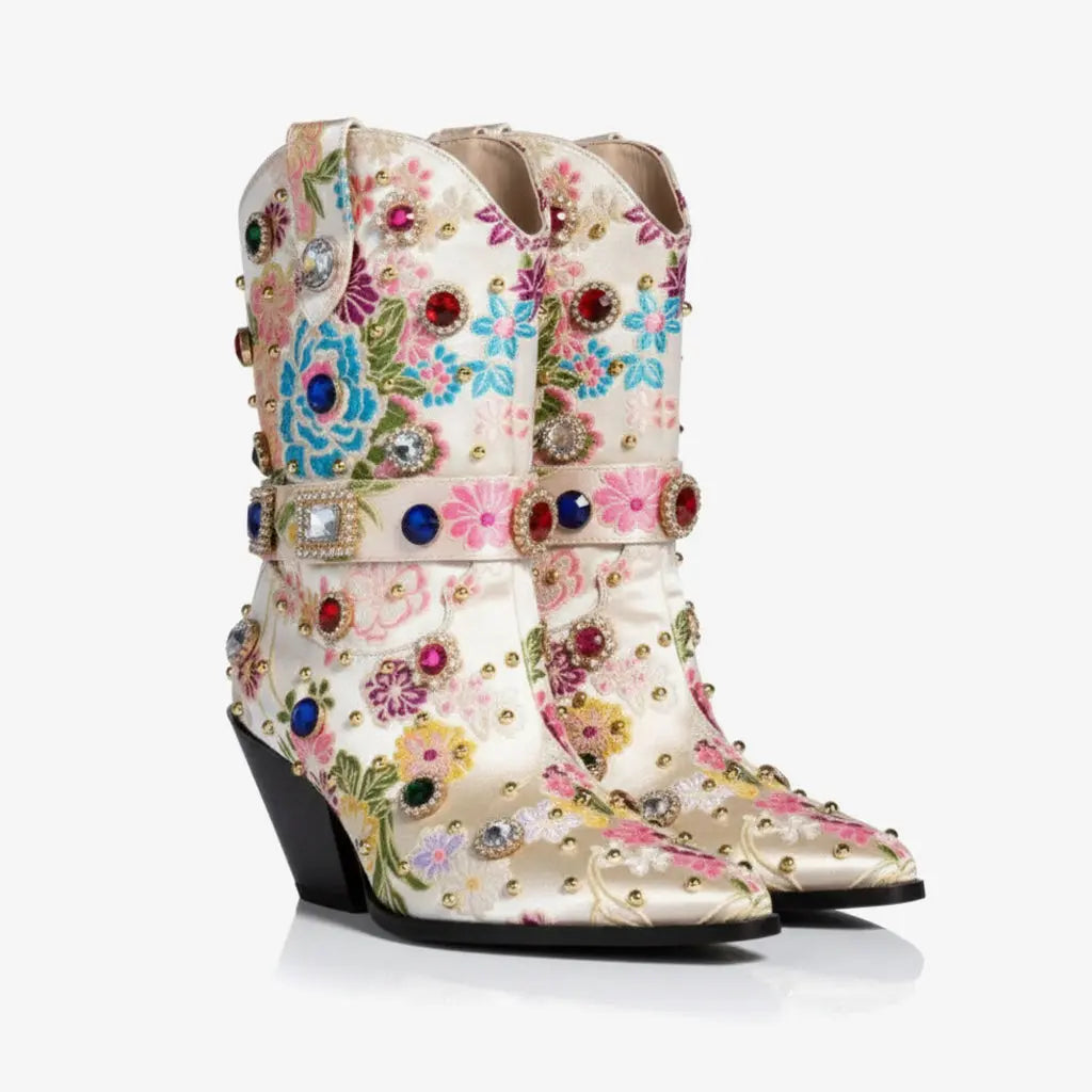 Tuhoomall Western Floral Embroidered Rhinestone Mid Calf Boots for Women, Chunky Heel, Water-Resistant Satin, Stylish for Spring Autumn Winter Tuhoomall