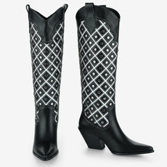 Tuhoomall Western Cowboy Knee High Boots for Fashion, Outdoor, and Casual Wear, Featuring Chic Geometric Patterns and Chunky Heel Design