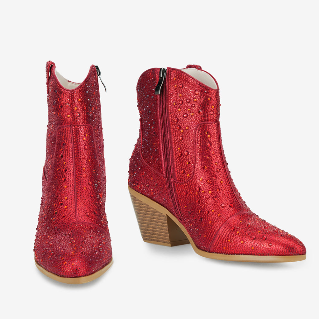 Tuhoomall Western LOW Heel Ankle Boots, Zipper Closure, Chic Rhinestone Detail, Solid Color, Perfect for Parties and All-Season Fashion