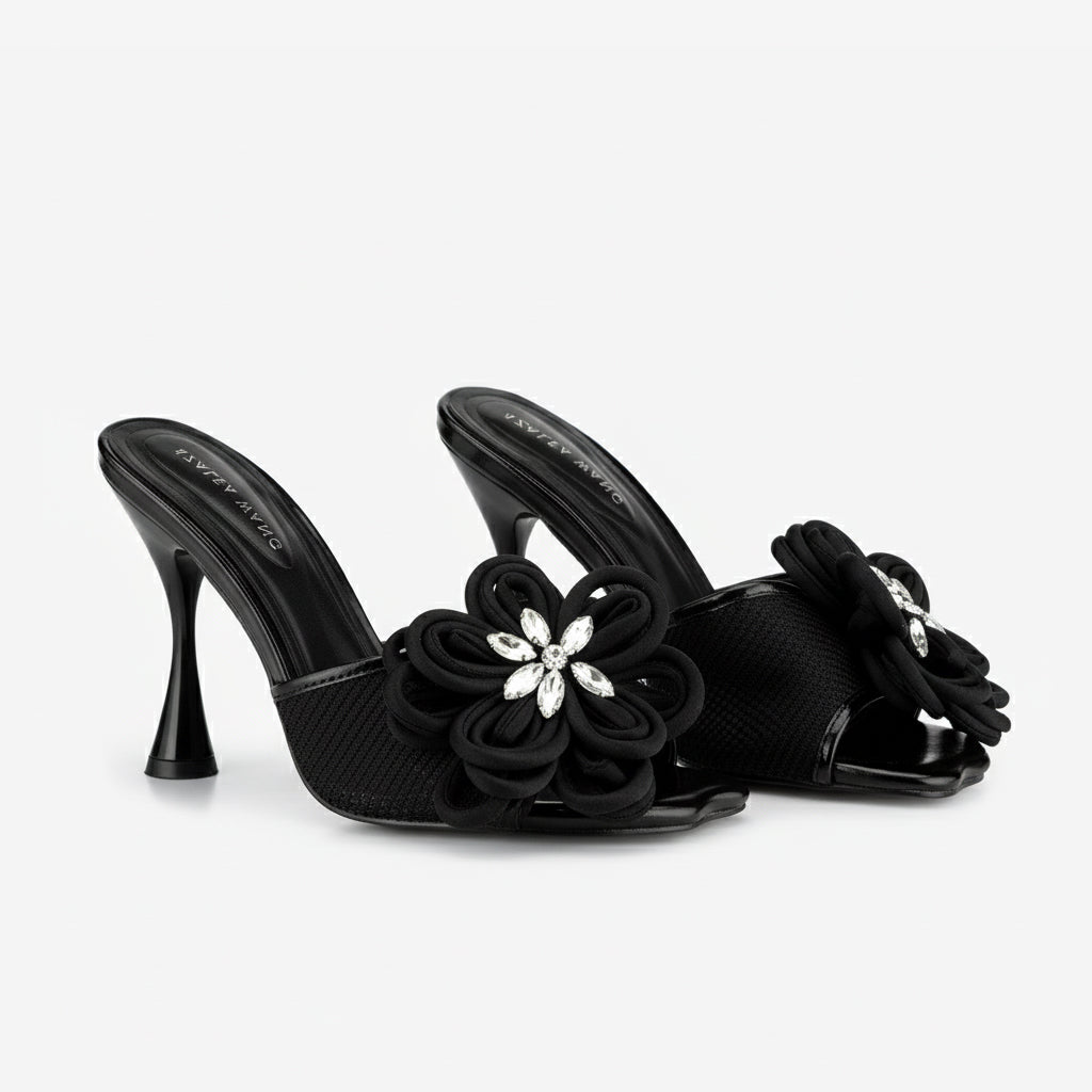 Tuhoomall Comfortable High Heeled Sandals for Parties - Open Toe Design with Floral Embellishments, Summer Fashion Footwear, Easy Slip-On Style