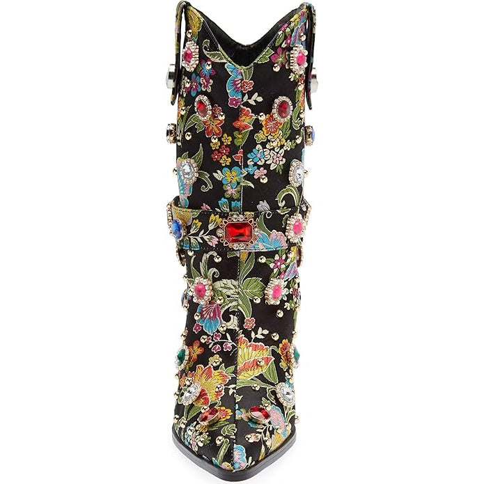 Tuhoomall Western Floral Embroidered Rhinestone Mid Calf Boots for Women, Chunky Heel, Water-Resistant Satin, Stylish for Spring Autumn Winter