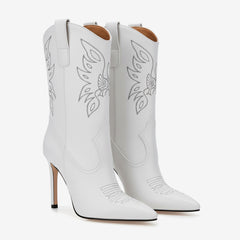 Tuhoomall Embroidered Mid Calf Heeled Boots for Women, Stylish Short Booties with 10cm Stiletto Heel, Perfect for Casual and Formal Wear