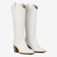 Tuhoomall Western Knee-High Boots for Women, 7cm Chunky Heels, Slip-On Style, Durable Woven Leather, Perfect for Work and Casual Occasions