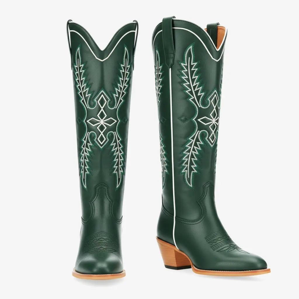 Tuhoomall Dark Green Embroidered Western Knee High Boots for Wide Calf with Chunky Heel Tuhoomall