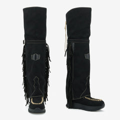 Tuhoomall Waterproof Over-The-Knee Flat Boots, Comfortable Thick Sole with Tassels, Stylish Bohemian Design for Casual Parties