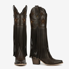 Tuhoomall Comfortable Western Knee-High Boots with Fringe and Studs for Fashion, Party, and Performance - 7.5cm Chunky Heel, All-Season Wear