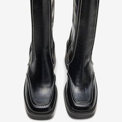 Tuhoomall Fashionable Casual Mid-Calf Boots for Travel and Outdoor, Comfortable Chunky Heels with Metal Zipper and Color Block Design