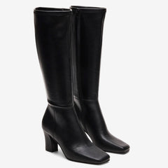 Tuhoomall Fashion Casual Boots for Women, Mid Calf, Square Toe, Chunky Heel, Zipper Closure, Solid Color, Snake Print PU, All Season Wear