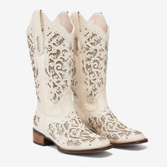 Tuhoomall Western Style Embroidered Mid-Calf Boots For Fashion, Travel, Outdoor - Chunky Heel, Faux Suede, Slip-On, Rhinestones, 3cm Heel Height